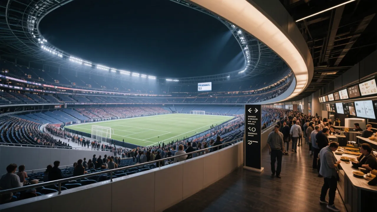 大型球场内的看台与餐饮走廊，观众消费与品牌露出