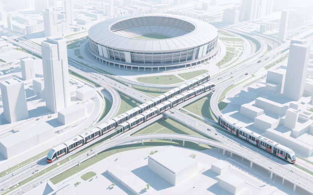 俯瞰城市群交通网络与体育场周边人流动线的示意感画面