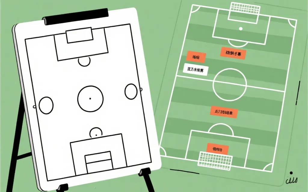 世界杯淘汰赛对位分析的战术板与球场俯视图概念图