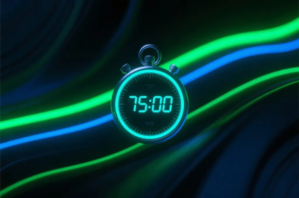 A minimalist glowing digital stopwatch displaying late game time on a dark abstract background